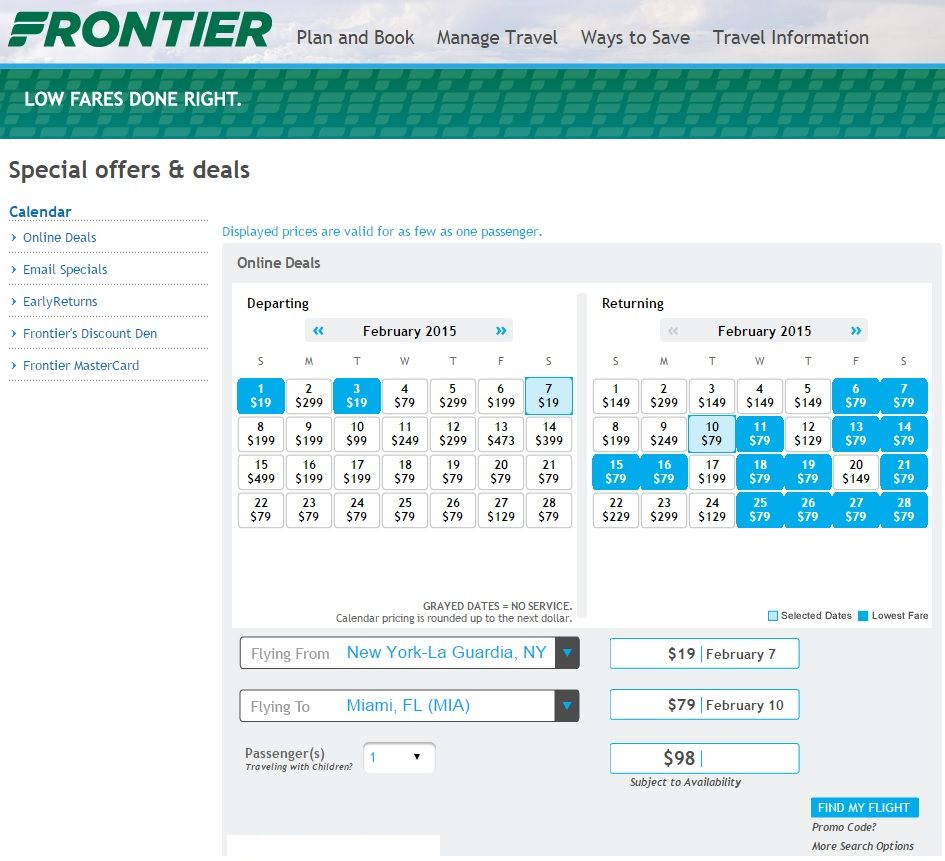 Frontier airlines low fare calendar